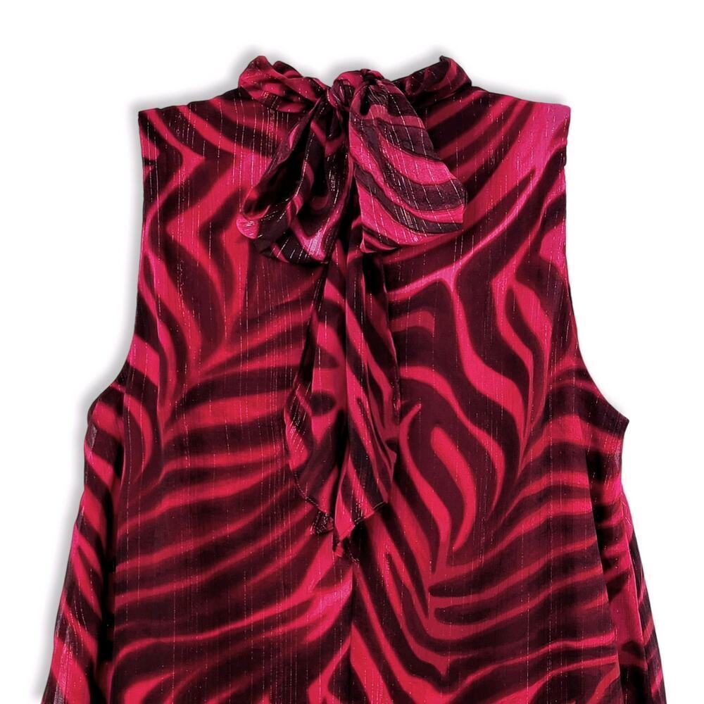 New London Times Women's Tiger Print Mock Neck Bowtie Swing Mini Dress - Picture 6 of 9